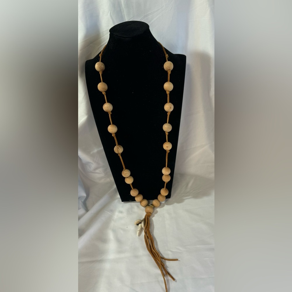 IndigoTilts RosaLee Necklace wood beads leather cord shells and tassel Boho